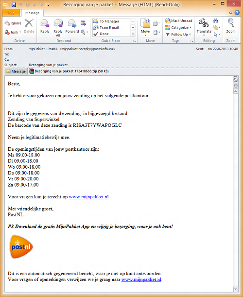Nederlanders doelwit valse PostNL e-mail - Security.NL